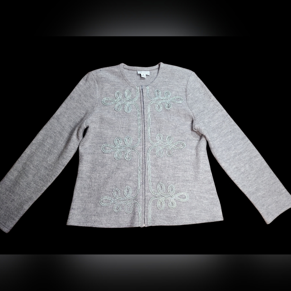TOG Shop Gray 100% Wool Cardigan with Embroidered Design Sixe Medium
